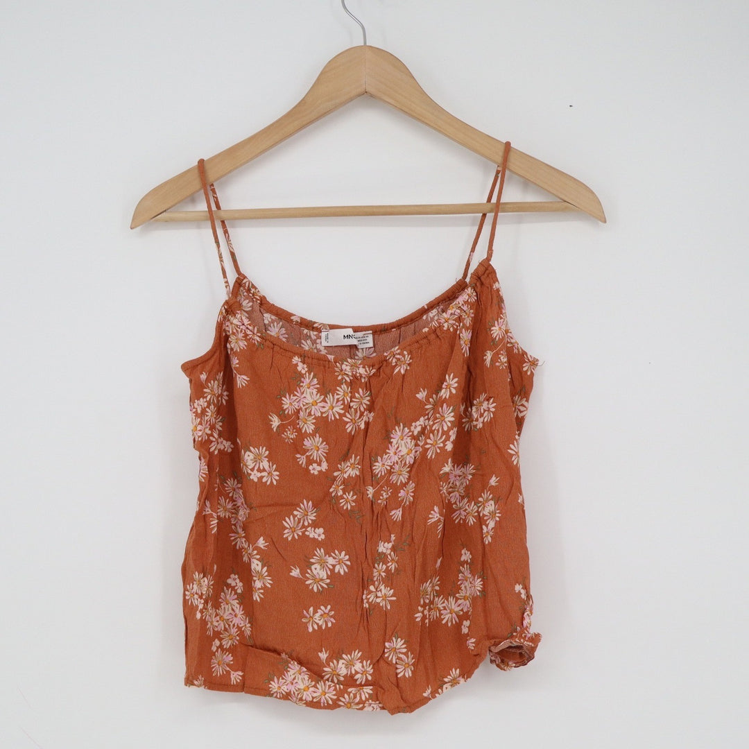 Mango MNG Womens XS Rust Orange Daisy Floral Viscose Spaghetti Strap Cami Top