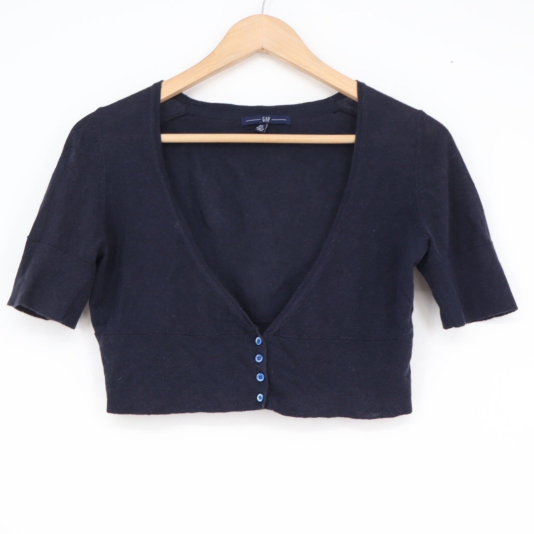 Gap Womens Navy Blue Linen Cotton Cropped Short Sleeve Cardigan Sweater XS