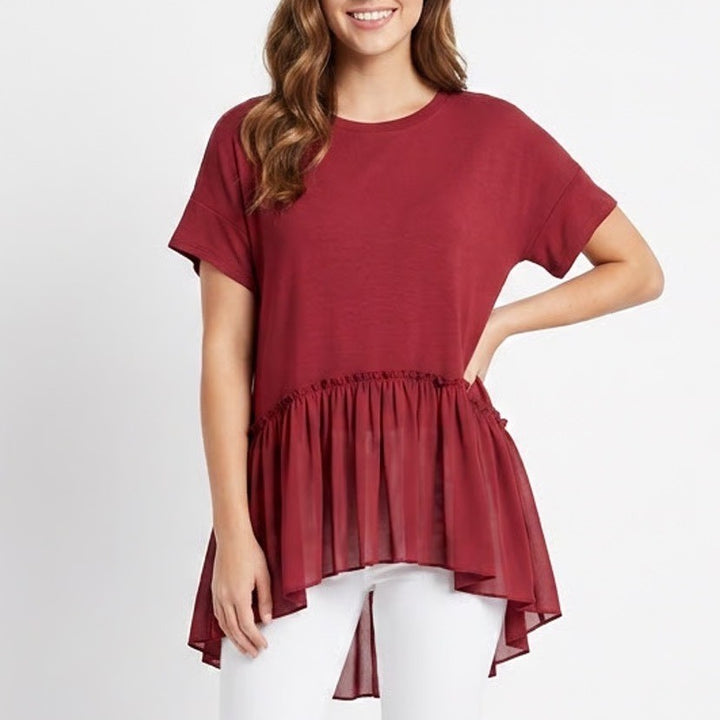 Shein T-Shirt Womens Large Red Dip Ruffle Hem Smock Drop Shoulder Short Sleeve