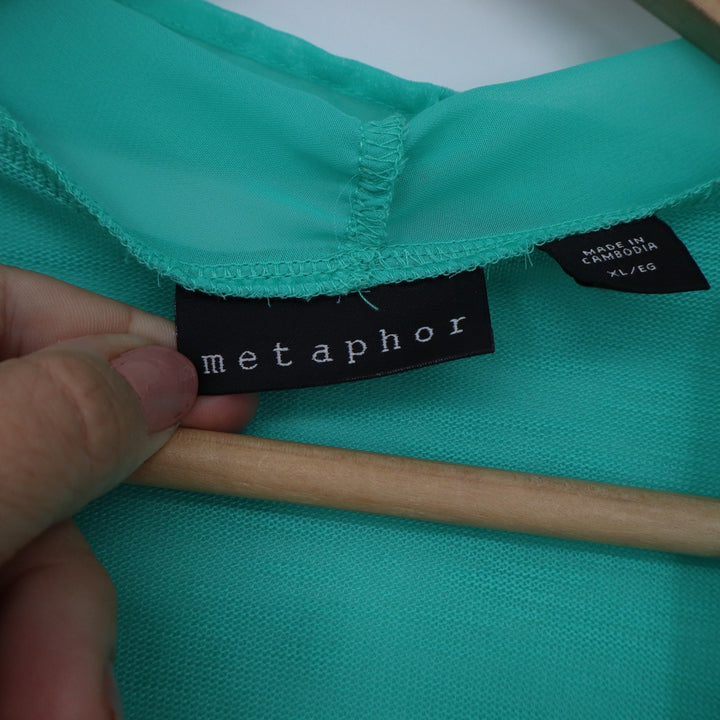Metaphor Womens XL Teal Green Slub Knit Chiffon Trim Open Front Cardigan
