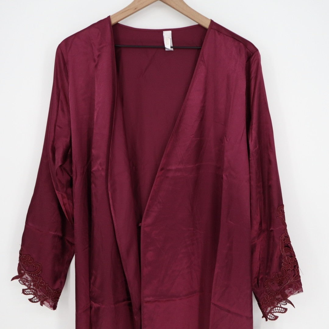 Flora By Flora Nikrooz Robe Women Large/XL Bordeaux Satin Venise Trim open Front