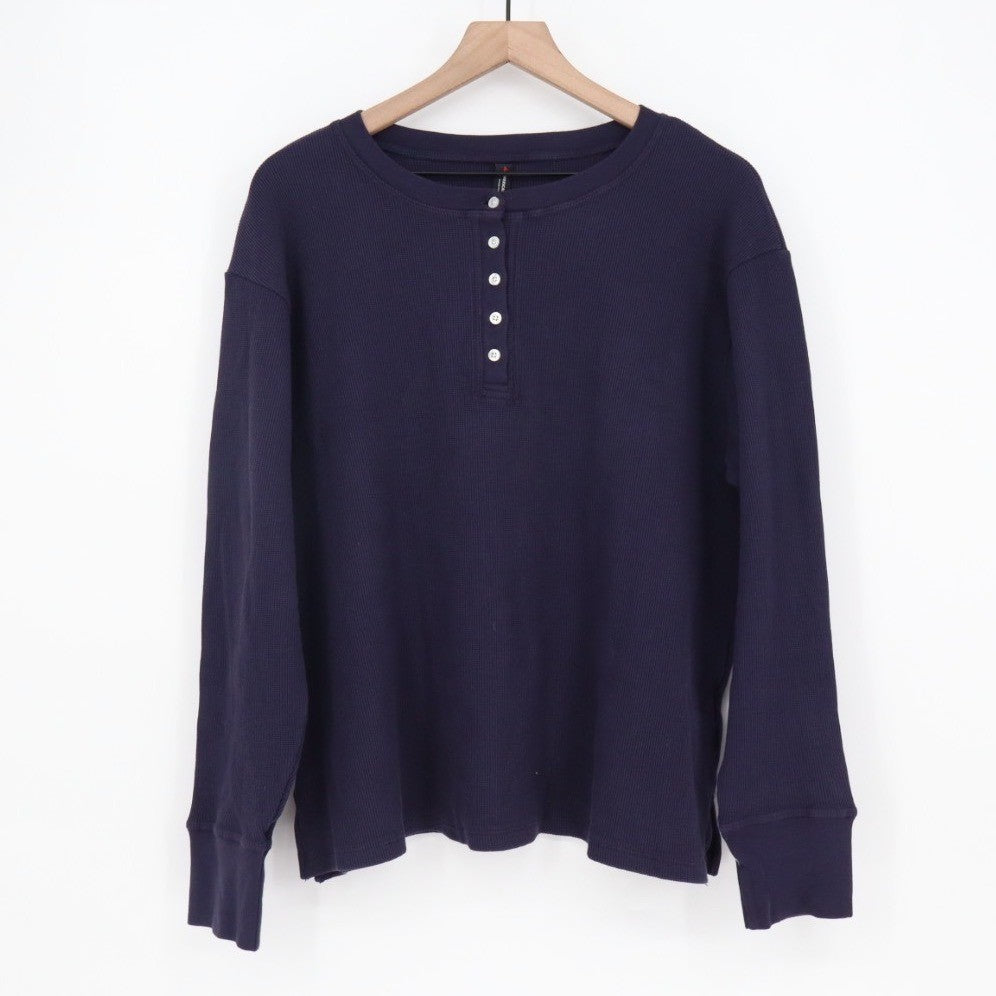 American Giant Thermal T-Shirt Women XL True Navy Cotton Waffle Knit Henley Neck