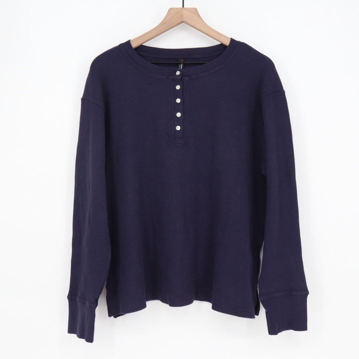 American Giant Thermal T-Shirt Women XL True Navy Cotton Waffle Knit Henley Neck