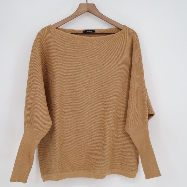 Fashion Sweater Womens Large Camel Brown Knit Boat Neck Ribbed Dolman Sleeve