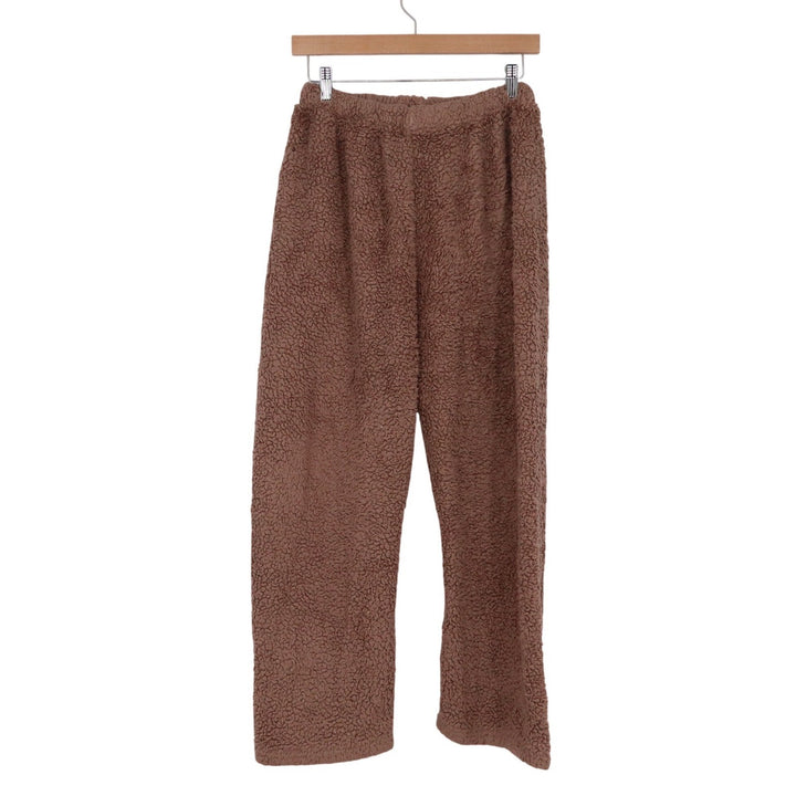 Brown Sherpa Fleece Lounge Pants Wide Leg High Waist Teddy Plush L/XL
