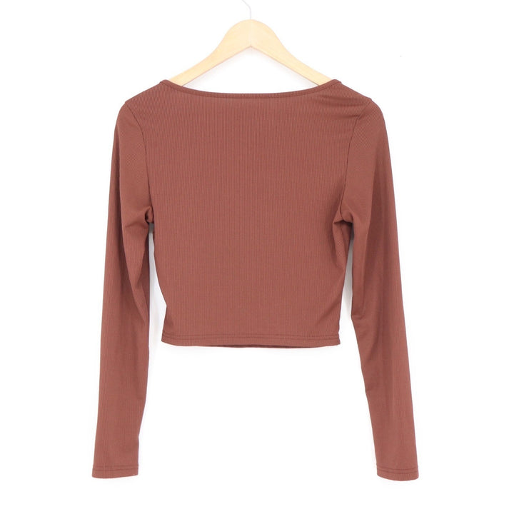 SHEIN Brown Ribbed Square Neck Long Sleeve Crop Top Womens Medium