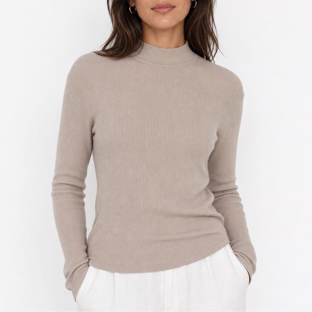 Uniqlo Womens Mock Neck Ribbed Long Sleeve Top Beige Tan Size M