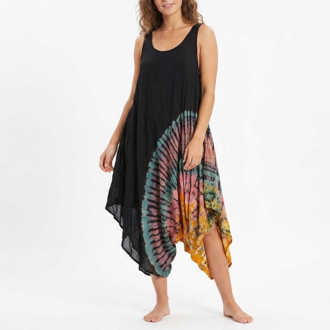 Black Tie Dye Sunburst Racerback Tank Top Oversized Bubble Hem One Size