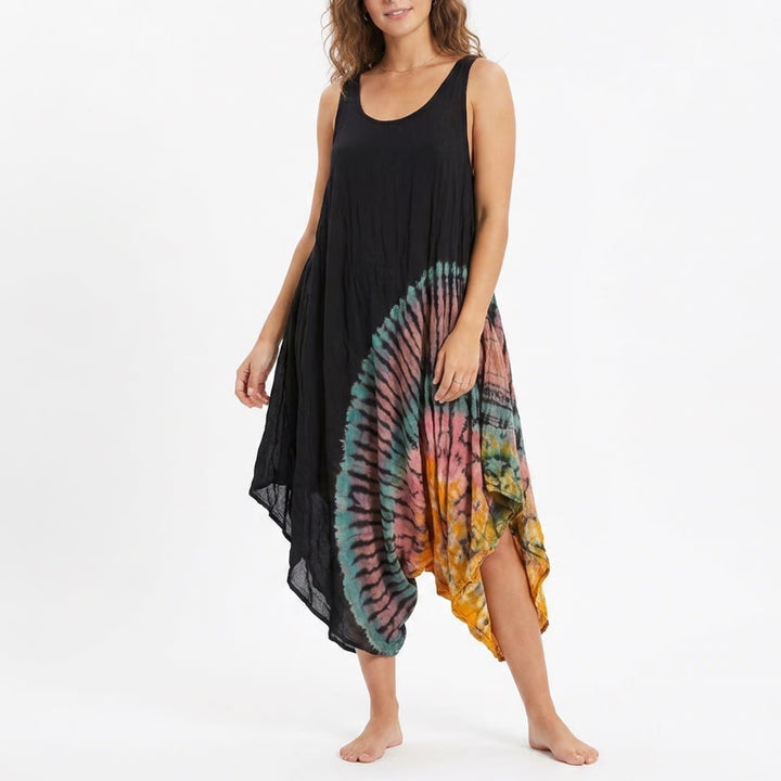 Black Tie Dye Sunburst Racerback Tank Top Oversized Bubble Hem One Size