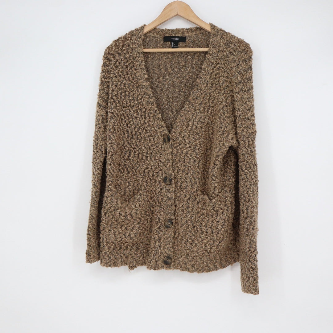 Forever 21 Brown Boucle Popcorn Knit V-Neck Button Front Cardigan Sweater Small