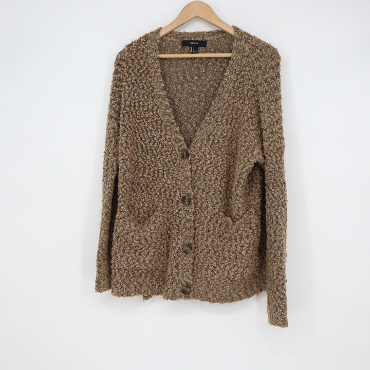 Forever 21 Brown Boucle Popcorn Knit V-Neck Button Front Cardigan Sweater Small