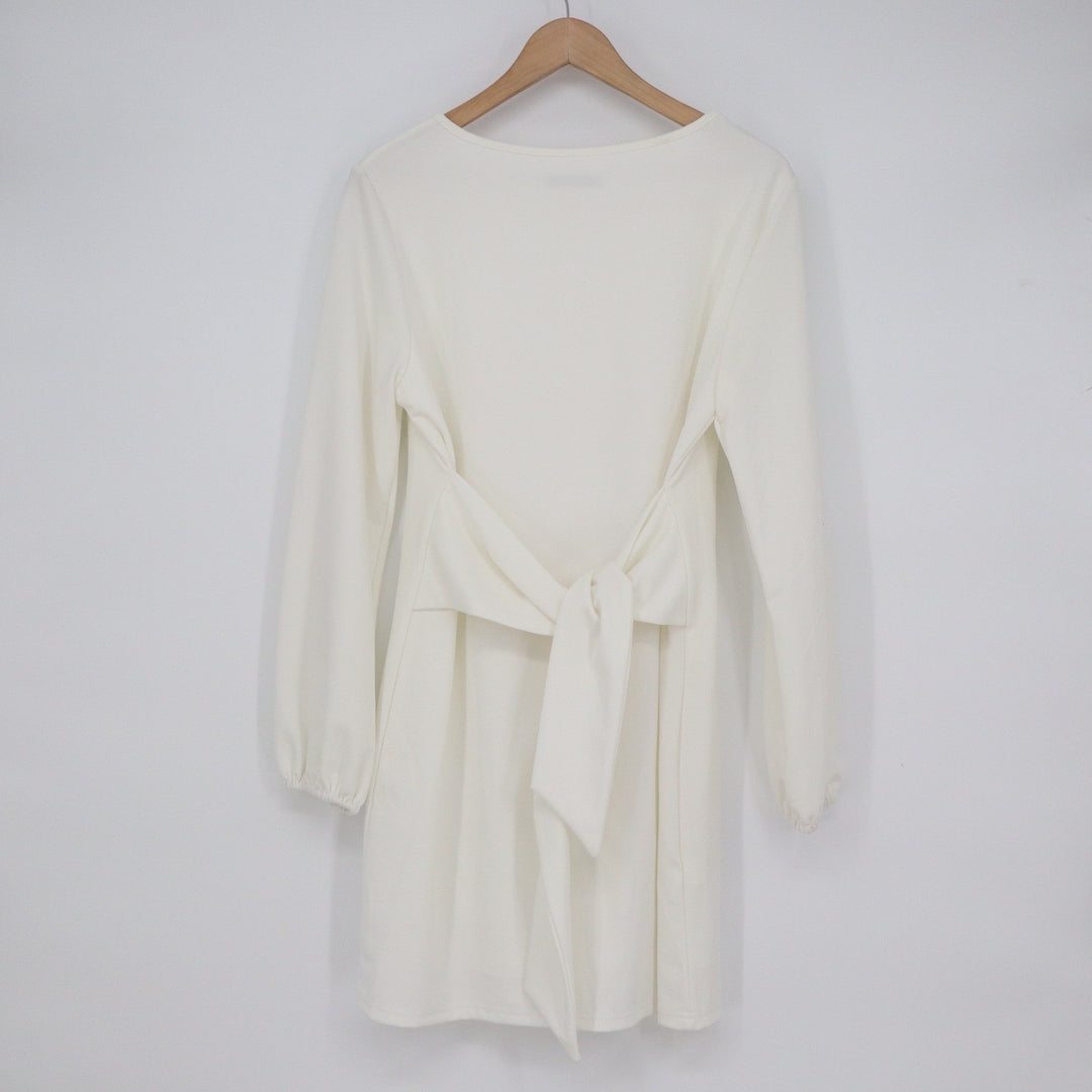 PRETTYGARDEN White Long Sleeve Tie Back Mini Dress Medium Round Neck Solid