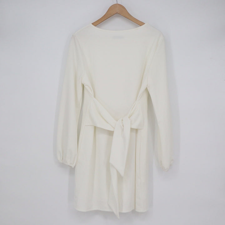 PRETTYGARDEN White Long Sleeve Tie Back Mini Dress Medium Round Neck Solid