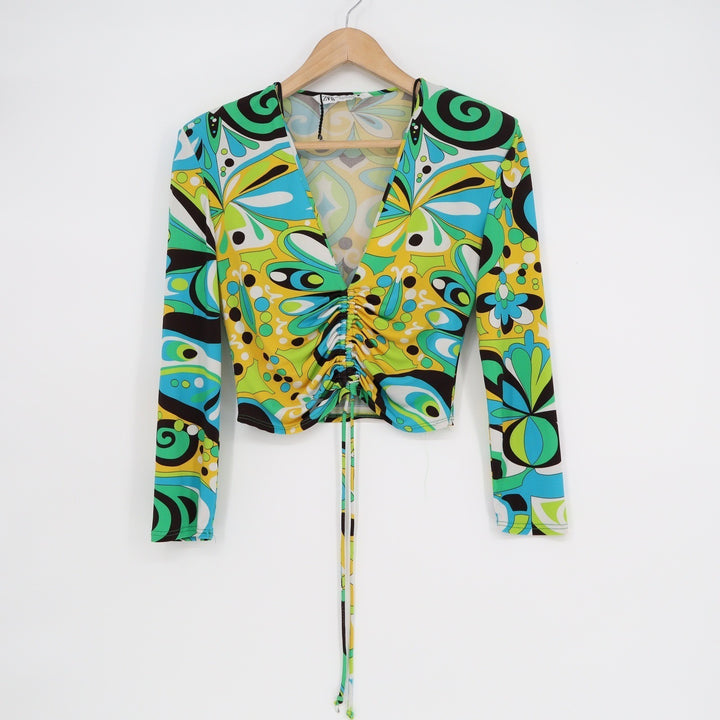 Zara Womens Psychedelic Print Ruched Drawstring V-Neck Crop Top Green Blue M