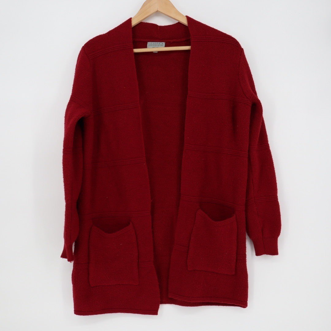 JOSEPH A Petite Cardigan Sweater Red Striped Knit Pockets Open Front PS