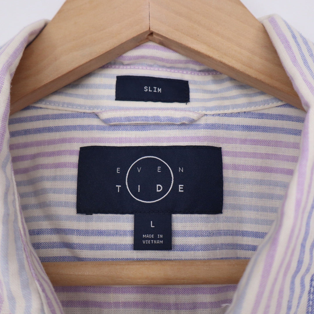 Even Tide Mens Slim Fit Linen Cotton Striped Short Sleeve Button Down Shirt L
