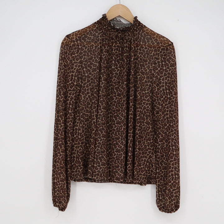 Wild Fable Brown Leopard Print Sheer Mesh Smocked Mock Neck Blouse Large L