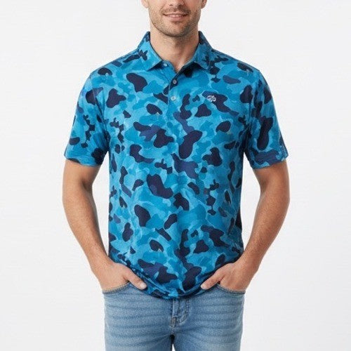 Good Good Golf Polo Shirt Men's Medium Blue Camo "Fighting for Par" Short Sleeve