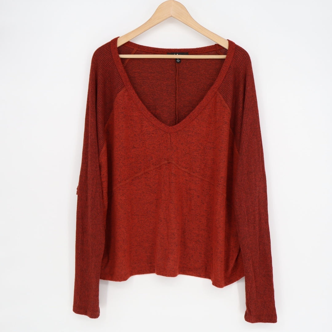 Lulus Sweater Womens L Red Rust Stretch Ribbed Long Sleeve Scoop Neck Pullover