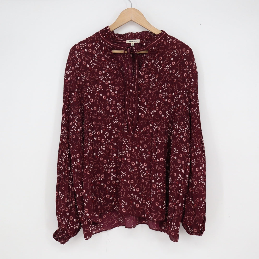 Max Studio Burgundy Floral Smocked Mock Neck Tie Blouse Large