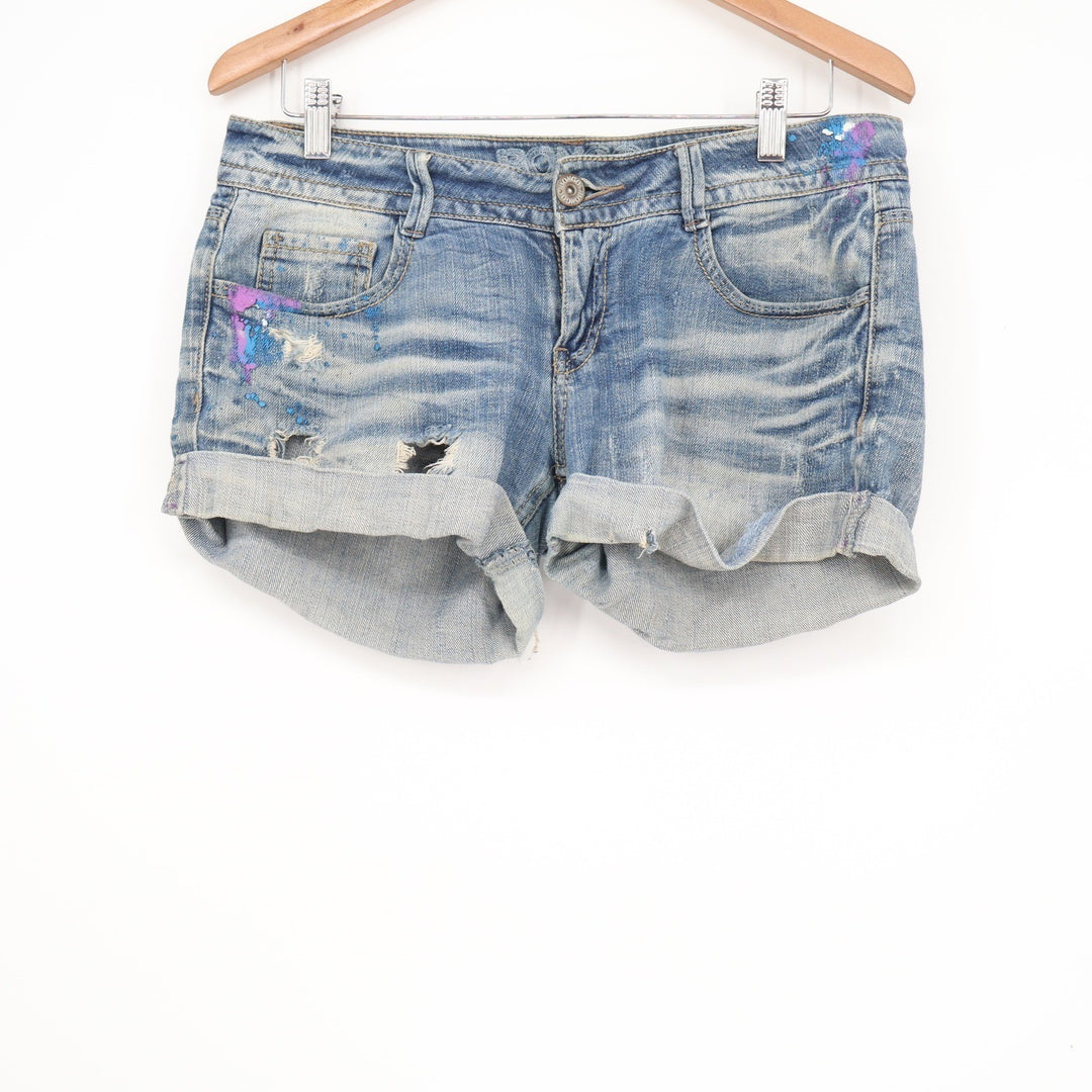 Bongo Womens Blue Distressed Paint Splatter Denim Shorts Size 7 Cuffed Low Rise
