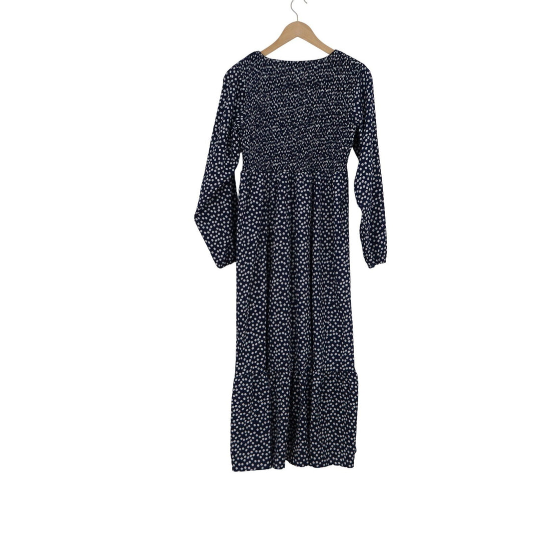 Navy Blue Floral Ditsy Smocked Midi Dress Long Sleeve Tiered Boho Medium