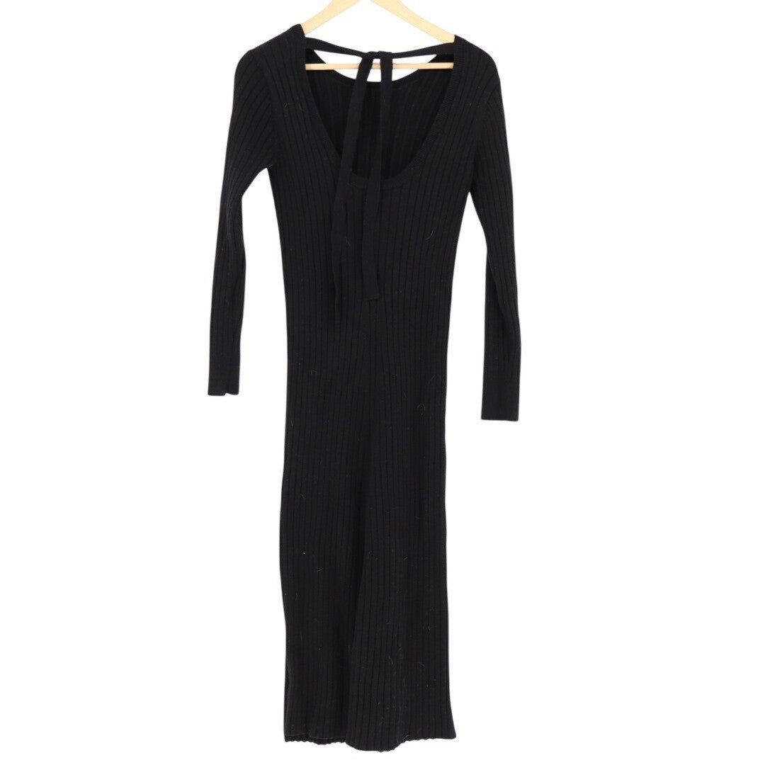 Black Ribbed Knit Maxi Dress Tie Back Long Sleeve Size XS