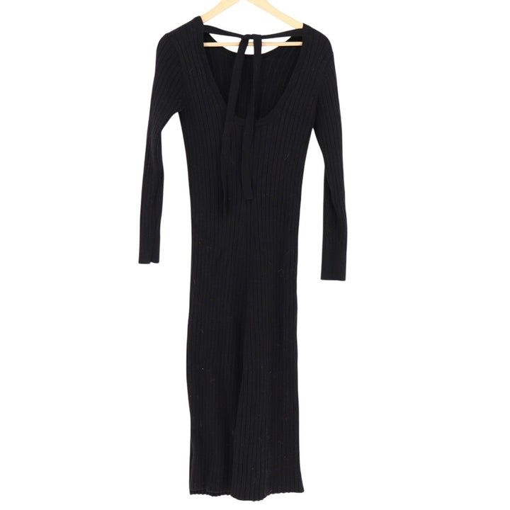 Black Ribbed Knit Maxi Dress Tie Back Long Sleeve Size XS