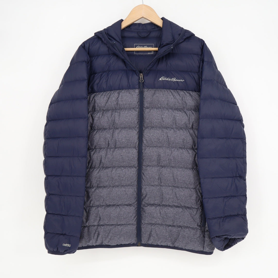 Eddie Bauer Down Hooded Puffer Jacket Mens Medium Navy Blue Grey Colorblock