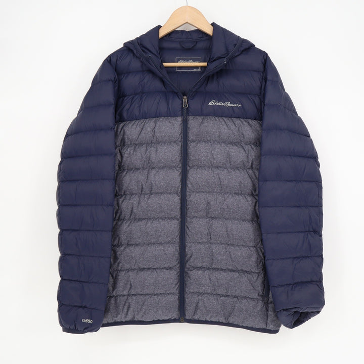 Eddie Bauer Down Hooded Puffer Jacket Mens Medium Navy Blue Grey Colorblock