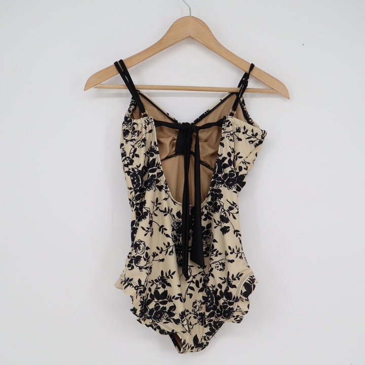 Vintage Style Floral Toile One Piece Swimsuit Cream Black Ruffle Trim Tie Back