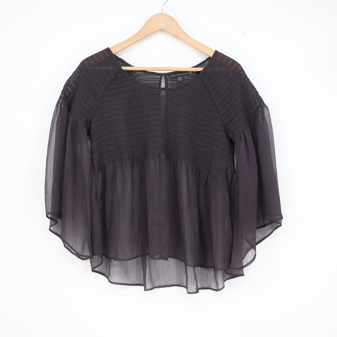 American Eagle Smocked Babydoll Blouse Sheer Bell Sleeve Charcoal Grey Size M