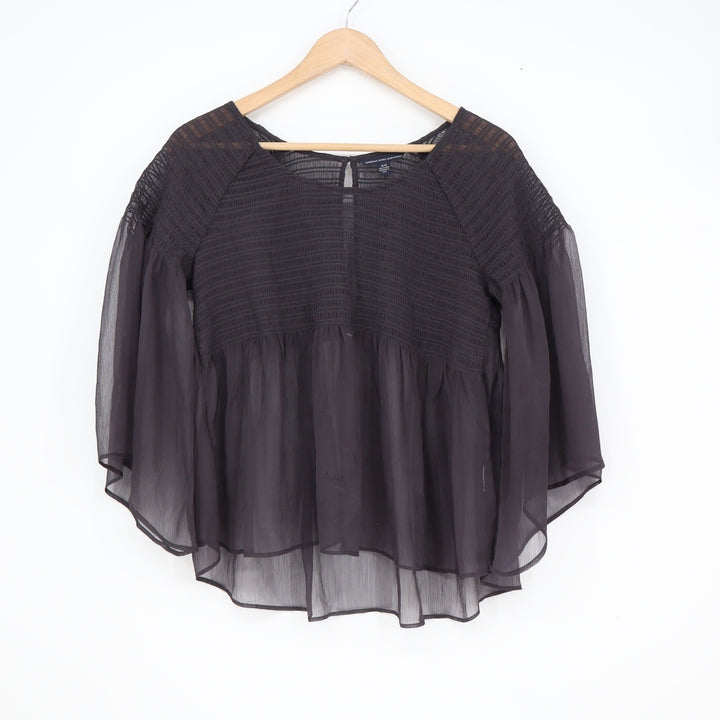 American Eagle Smocked Babydoll Blouse Sheer Bell Sleeve Charcoal Grey Size M
