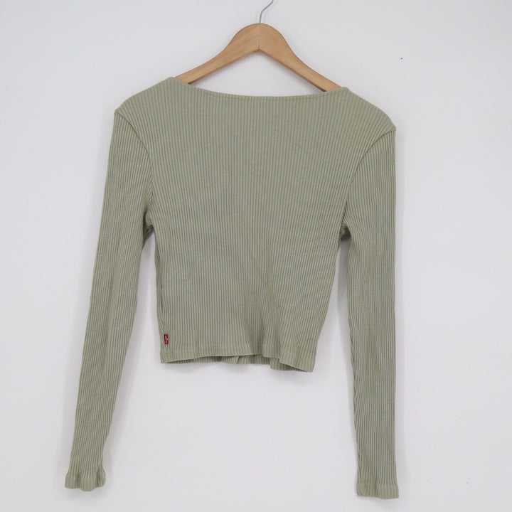 Levis Womens Sage Green Ribbed Knit Scoop Neck Button Front Cardigan Top Small
