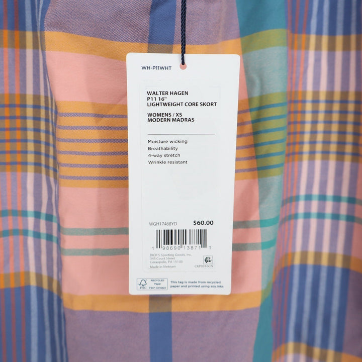 Walter Hagen P11 16" Lightweight Core Skort Modern Madras Plaid Womens XS NEW