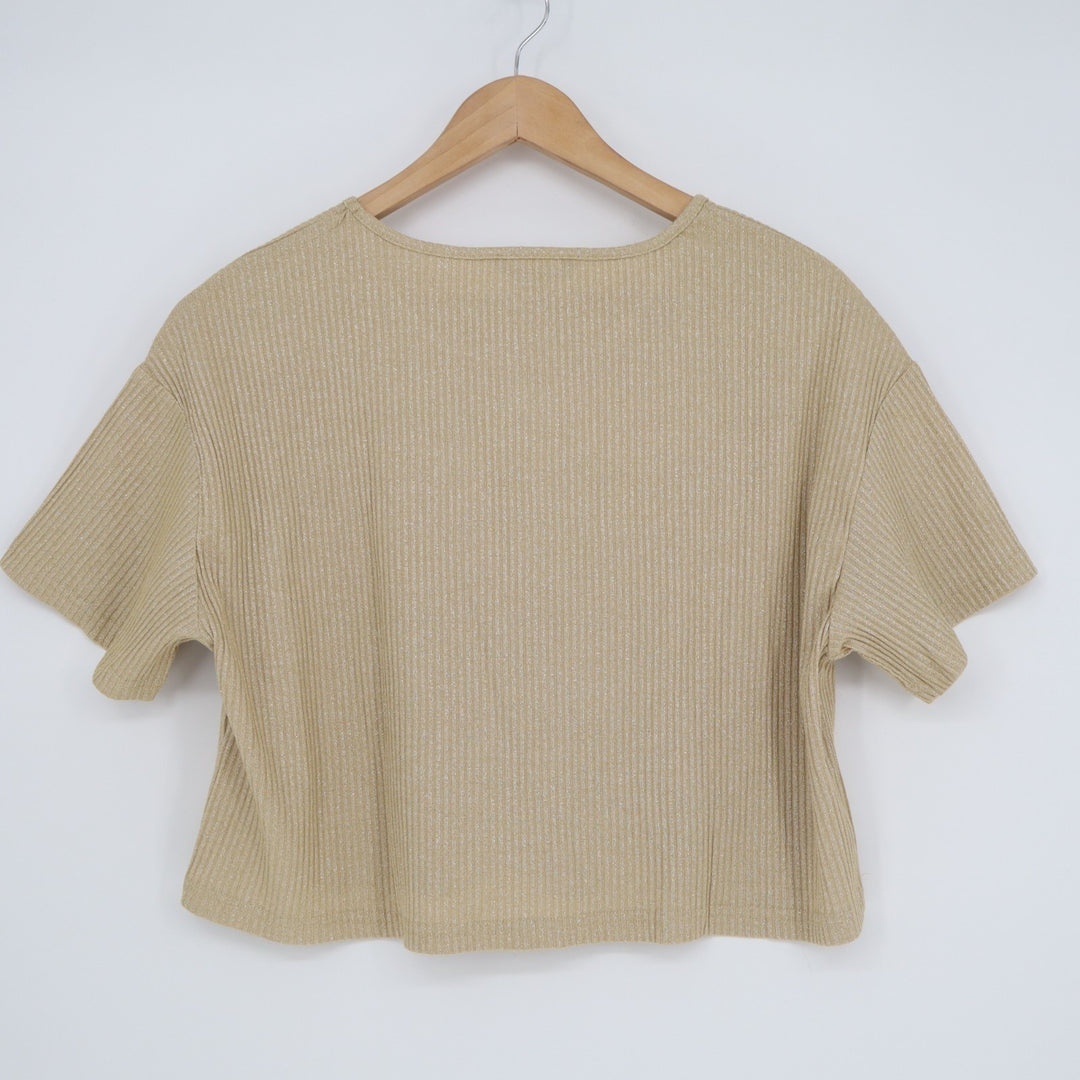 Shein EZwear Crop Top Womens Large Beige Ribbed Knit Round Neck Short Sleeve