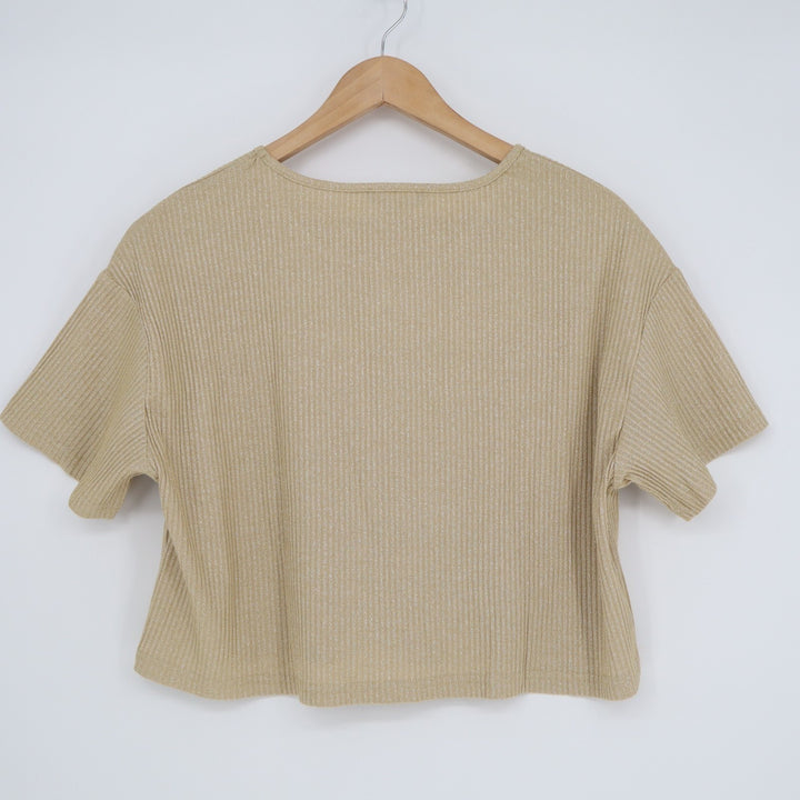 Shein EZwear Crop Top Womens Large Beige Ribbed Knit Round Neck Short Sleeve