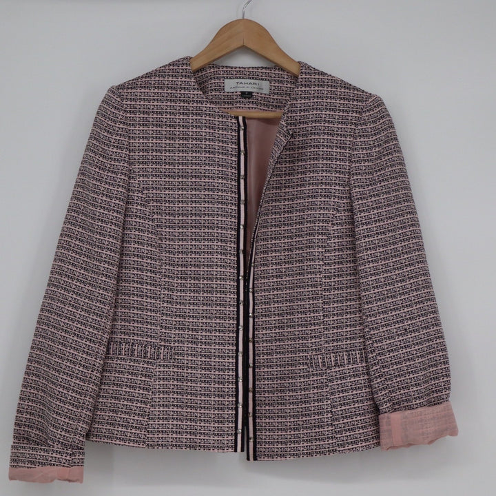 Tahari Arthur S Levine Pink Black Tweed Collarless Blazer Jacket Size 6 KLN0706
