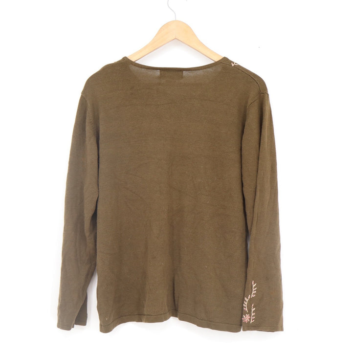 Jennifer Moore Olive Green Embroidered Floral V-Neck Knit Sweater XL