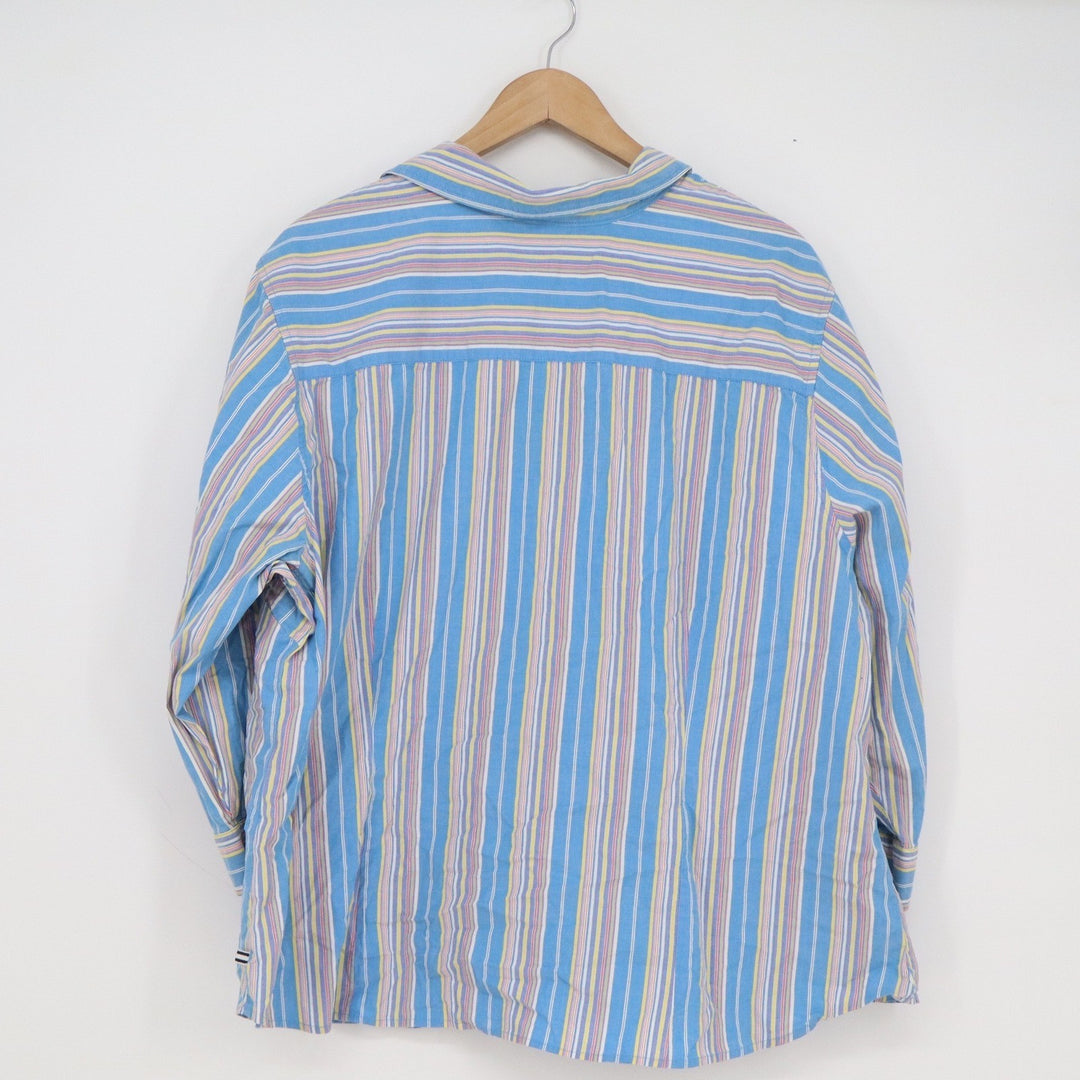 Izod Womens 2X Blue Pink Yellow Striped 3/4 Sleeve Button Front Shirt Stretch