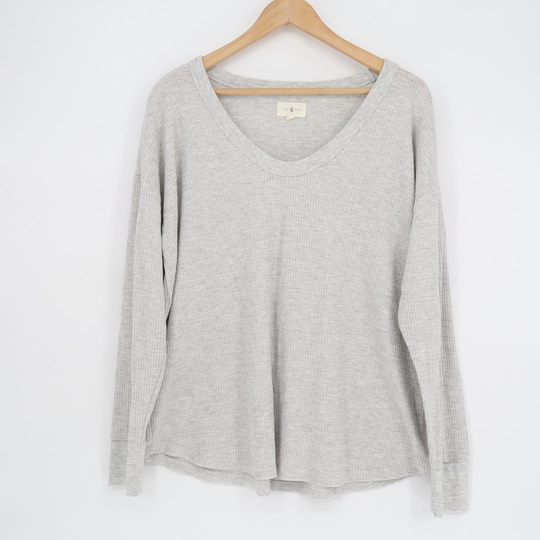 Lou & Grey T-Shirt Womens L Gray Stretch Waffle Knit Long Sleeve V-Neck Pullover