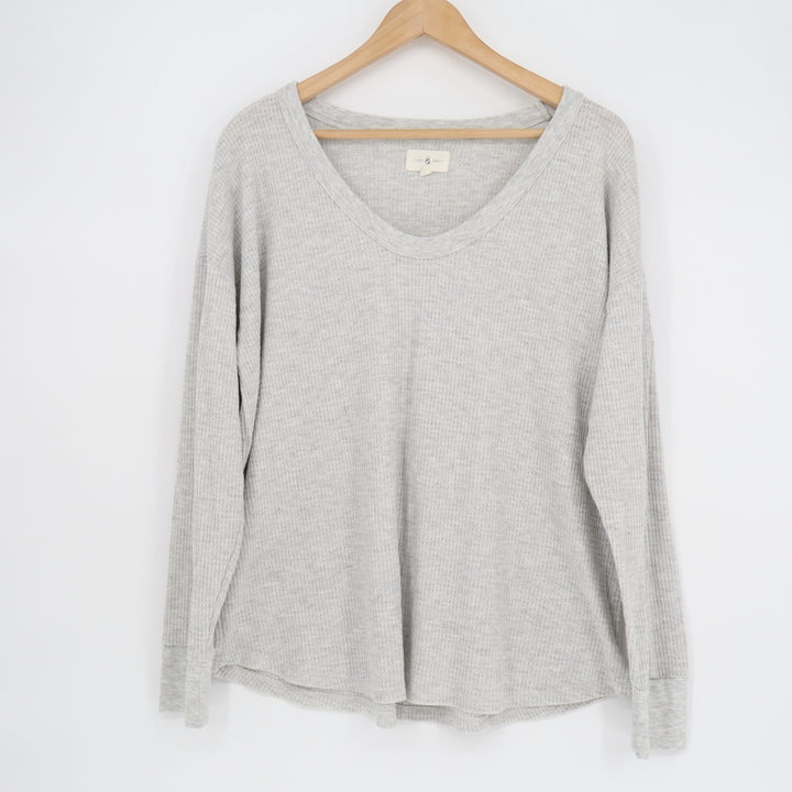 Lou & Grey T-Shirt Womens L Gray Stretch Waffle Knit Long Sleeve V-Neck Pullover