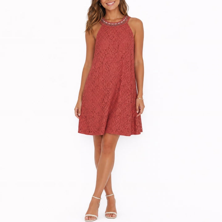 Candie's Coral Pink Floral Lace Halter Dress Embellished Neckline Size S
