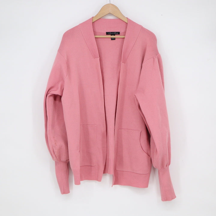 A Love Story Pink Puff Sleeve Open Front Cardigan Sweater Pockets Sz 14/16 L XL