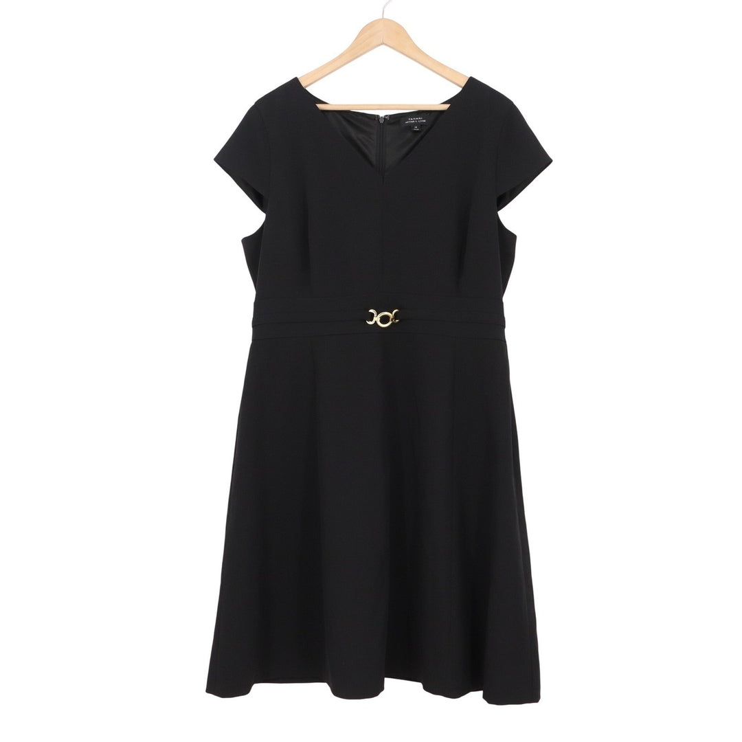 Tahari Arthur S. Levine Black V-Neck Cap Sleeve Fit Flare Dress Gold Accent 16