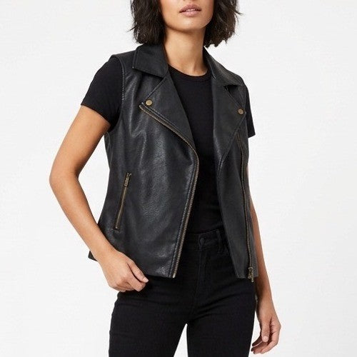 Mustard Seeds Motorcycle Vest Women Small Black Lapel Collar Asymmetrical Zipper