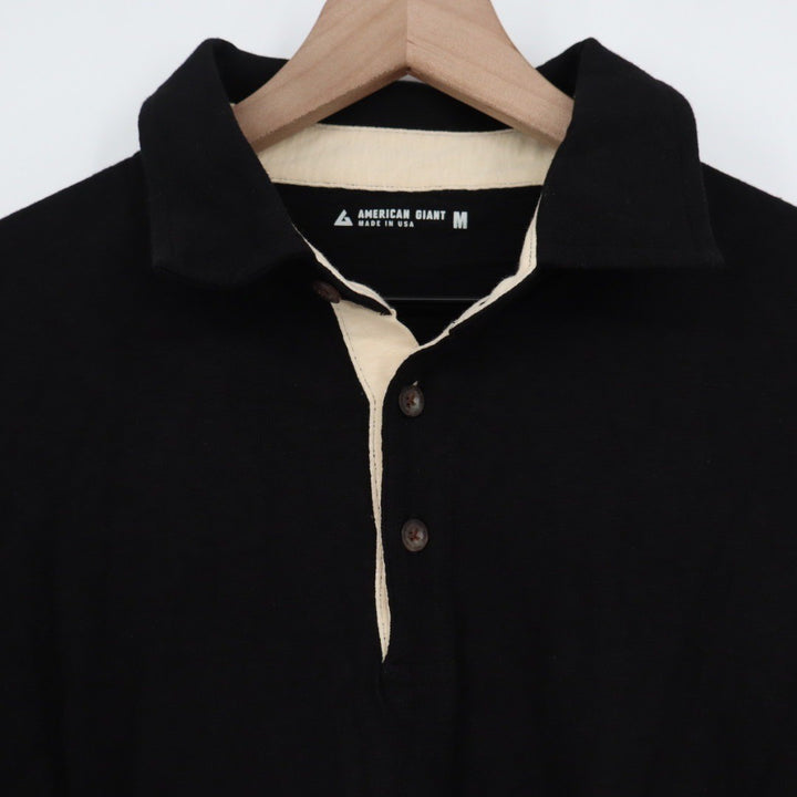 American Giant Mens Long Sleeve Black Cotton Polo Shirt Size M Made in USA