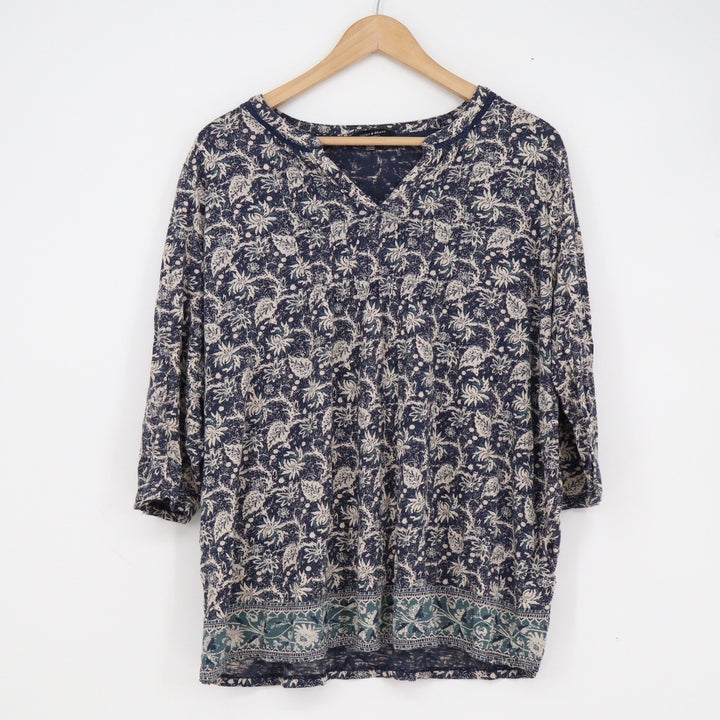 Lucky Brand Womens 2X Indigo Blue Floral Paisley Split V-Neck 3/4 Sleeve Blouse