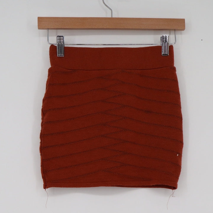 Rust Orange Knit Bodycon Mini Skirt Textured Chevron Bandage Style Small XS