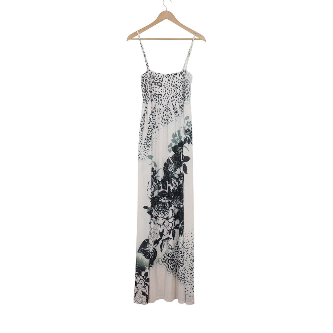 Ocean Blue Leopard Floral Maxi Dress XL White Black Smocked Spaghetti Strap